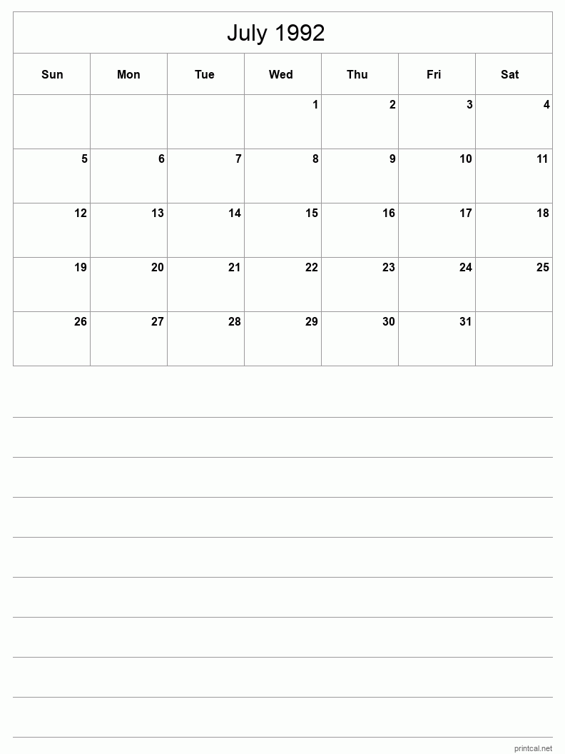 July 1992 Printable Calendar - Half-Page With Notesheet