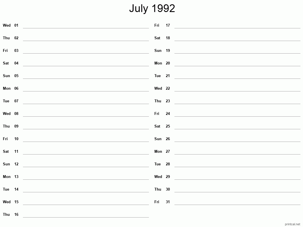 July 1992 Printable Calendar - Two Column Notesheet