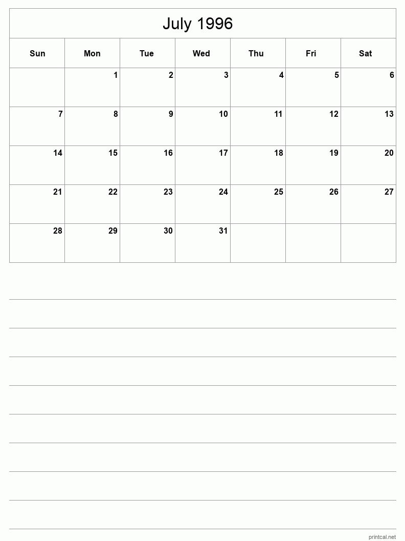 July 1996 Printable Calendar - Half-Page With Notesheet