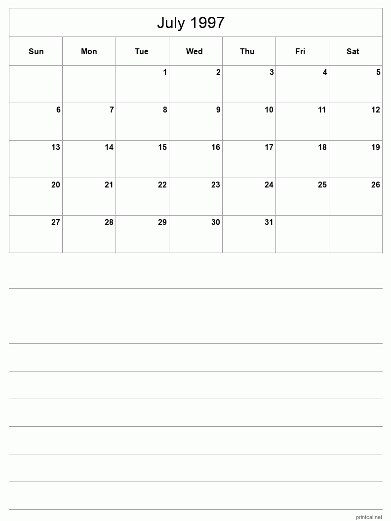 July 1997 Printable Calendar - Half-Page With Notesheet