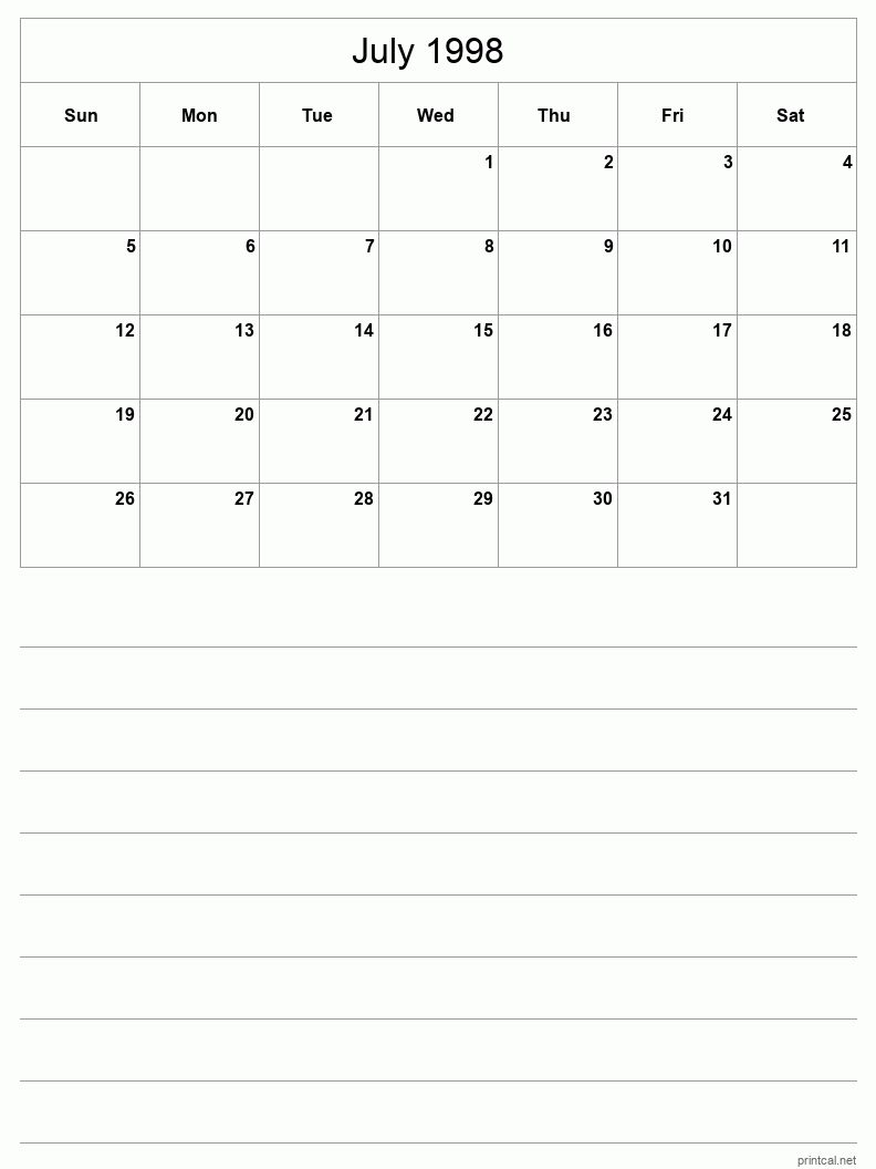 July 1998 Printable Calendar - Half-Page With Notesheet