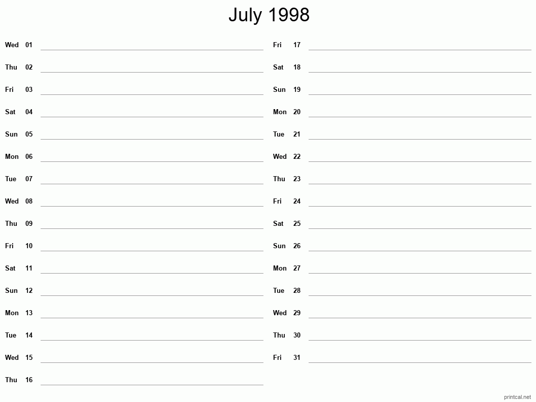 July 1998 Printable Calendar - Two Column Notesheet