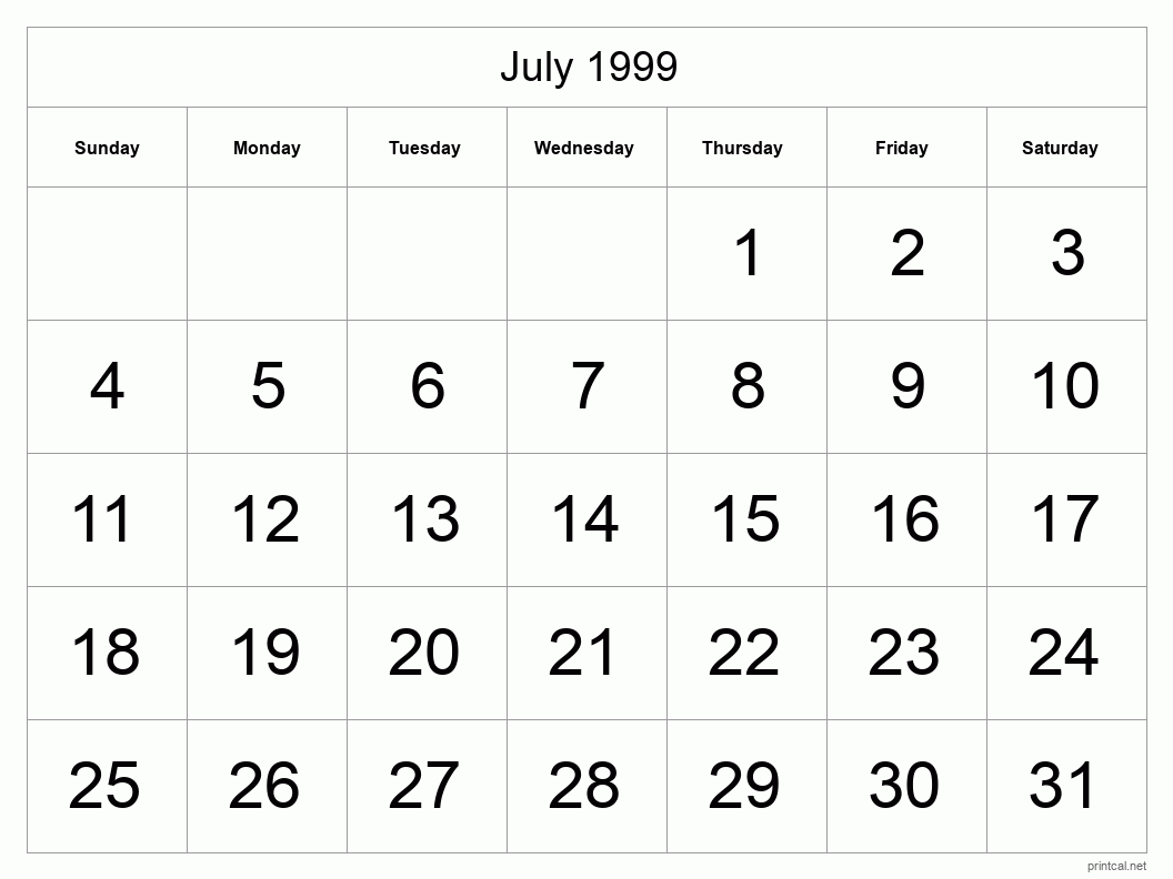 July 1999 Printable Calendar - Big Dates