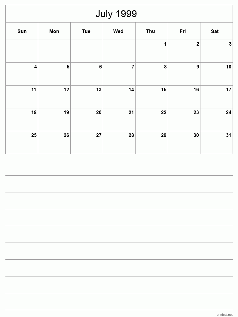 July 1999 Printable Calendar - Half-Page With Notesheet