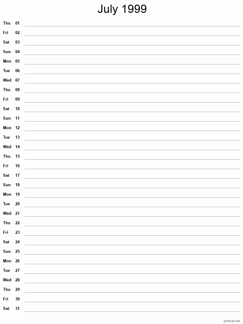 July 1999 Printable Calendar - Single Column Notesheet