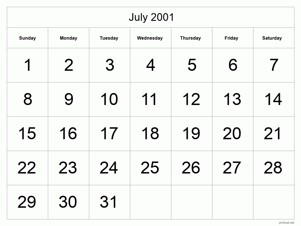 July 2001 Printable Calendar - Big Dates