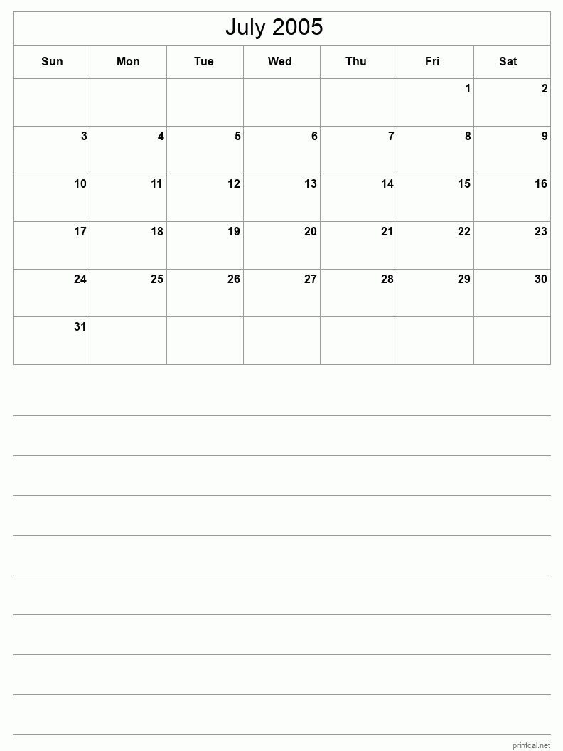 July 2005 Printable Calendar - Half-Page With Notesheet