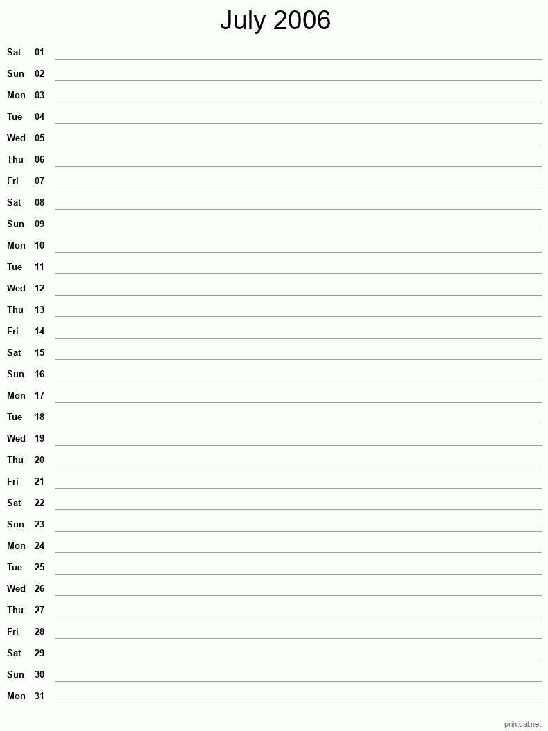 July 2006 Printable Calendar - Single Column Notesheet