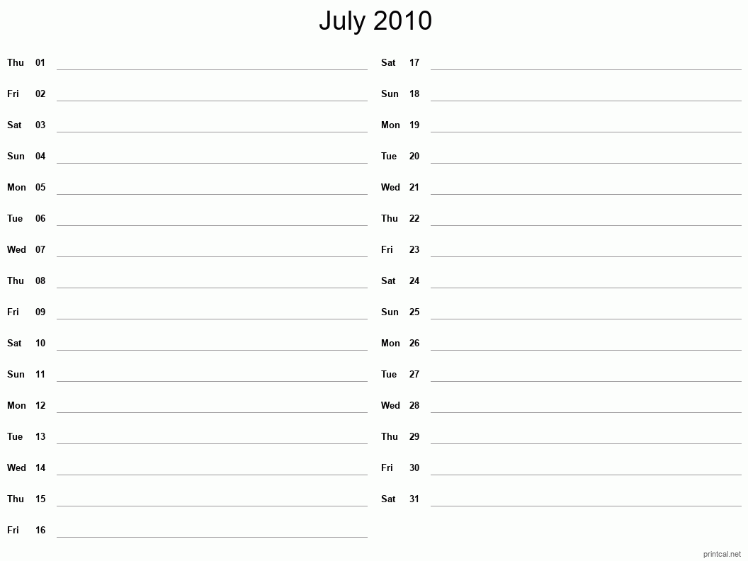 July 2010 Printable Calendar - Two Column Notesheet