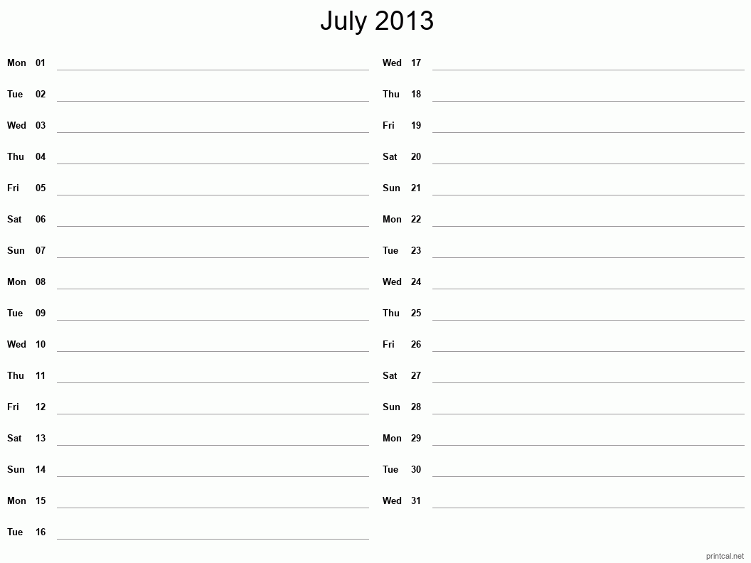 July 2013 Printable Calendar - Two Column Notesheet