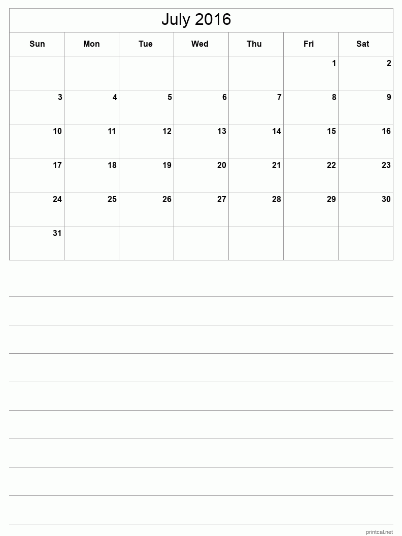July 2016 Printable Calendar - Half-Page With Notesheet