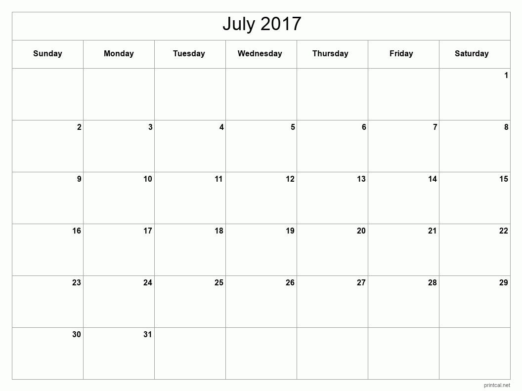 July 2017 Printable Calendar - Classic Blank Sheet