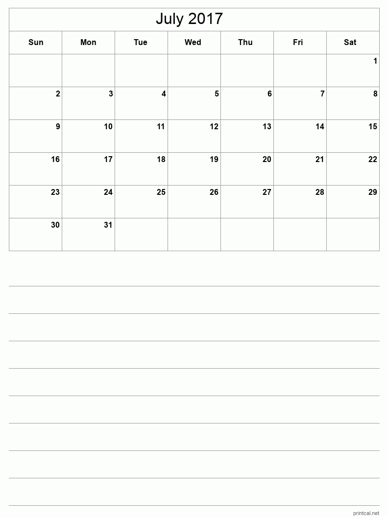 July 2017 Printable Calendar - Half-Page With Notesheet