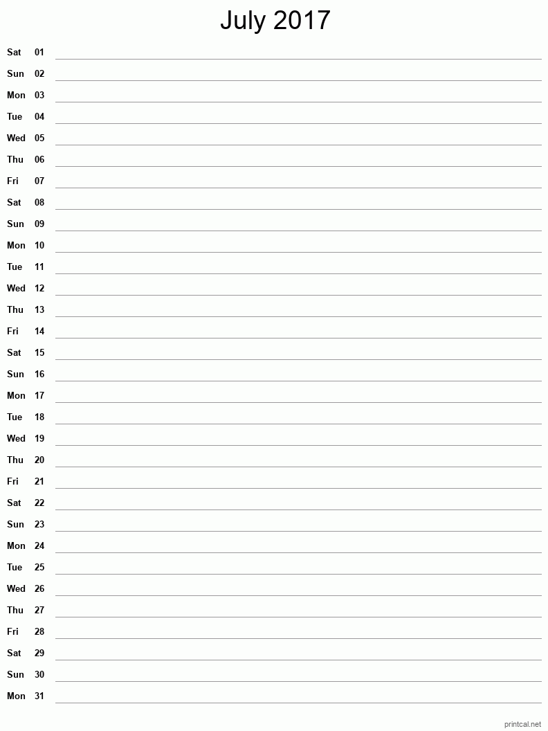 July 2017 Printable Calendar - Single Column Notesheet