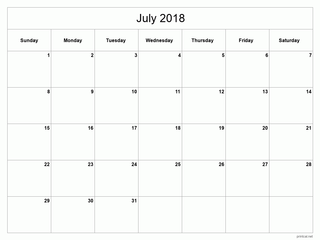 July 2018 Printable Calendar - Classic Blank Sheet