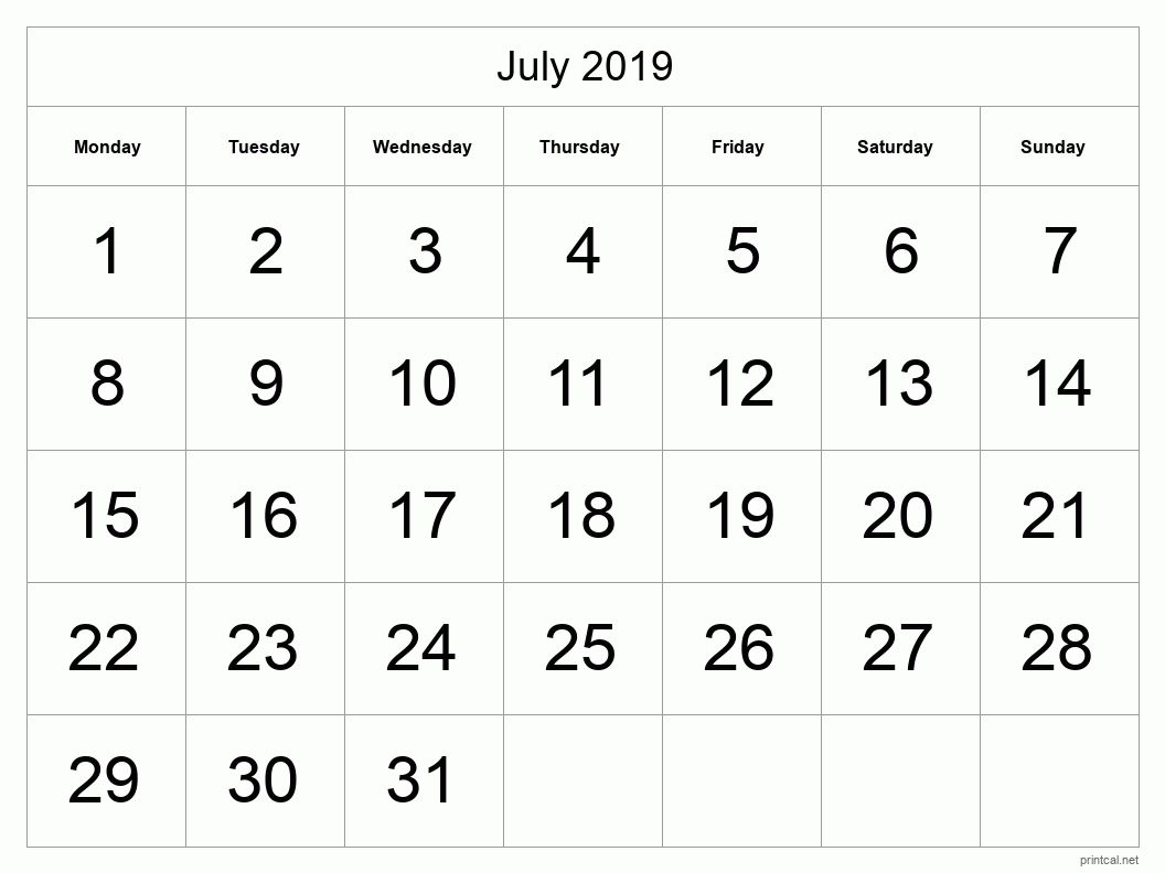 July 2019 Printable Calendar - Big Dates