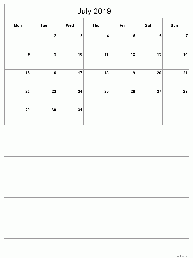 July 2019 Printable Calendar - Half-Page With Notesheet