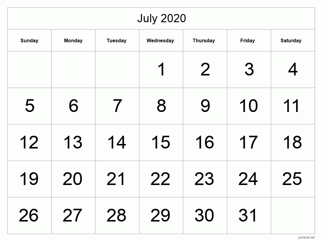 July 2020 Printable Calendar - Big Dates