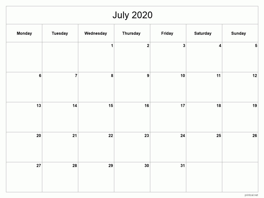 July 2020 Printable Calendar - Classic Blank Sheet