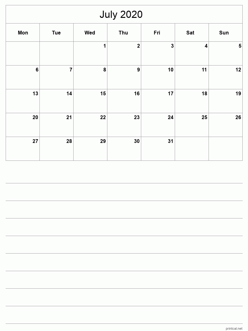 July 2020 Printable Calendar - Half-Page With Notesheet