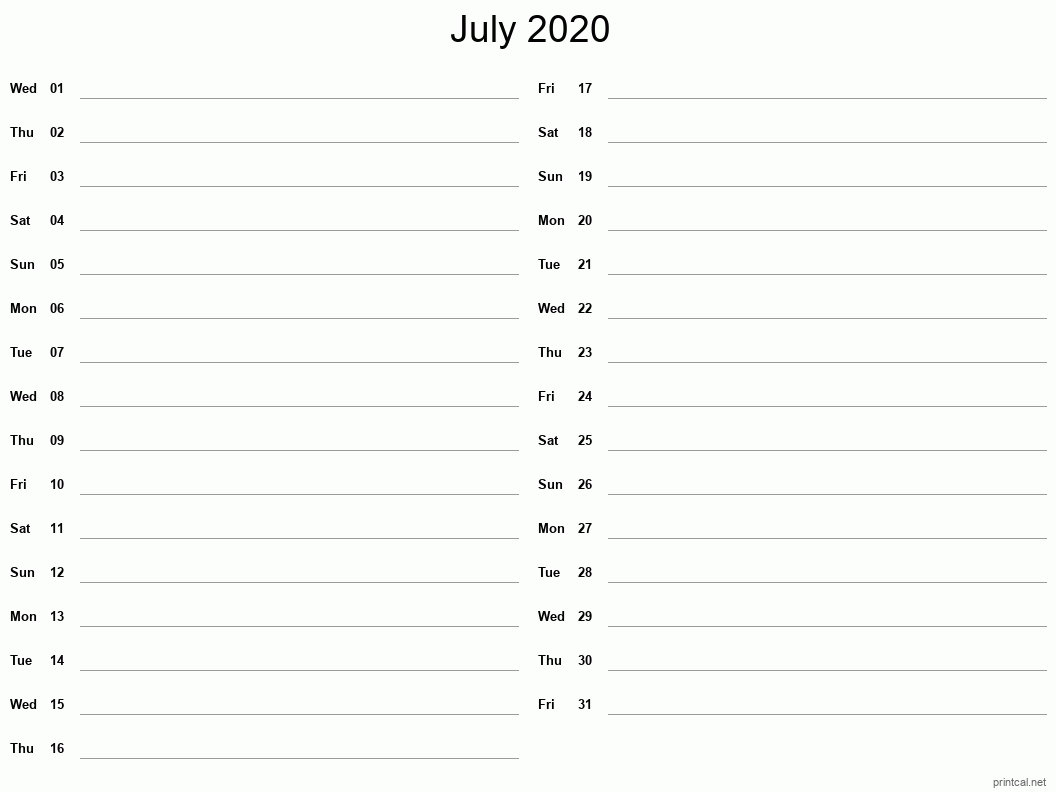 July 2020 Printable Calendar - Two Column Notesheet
