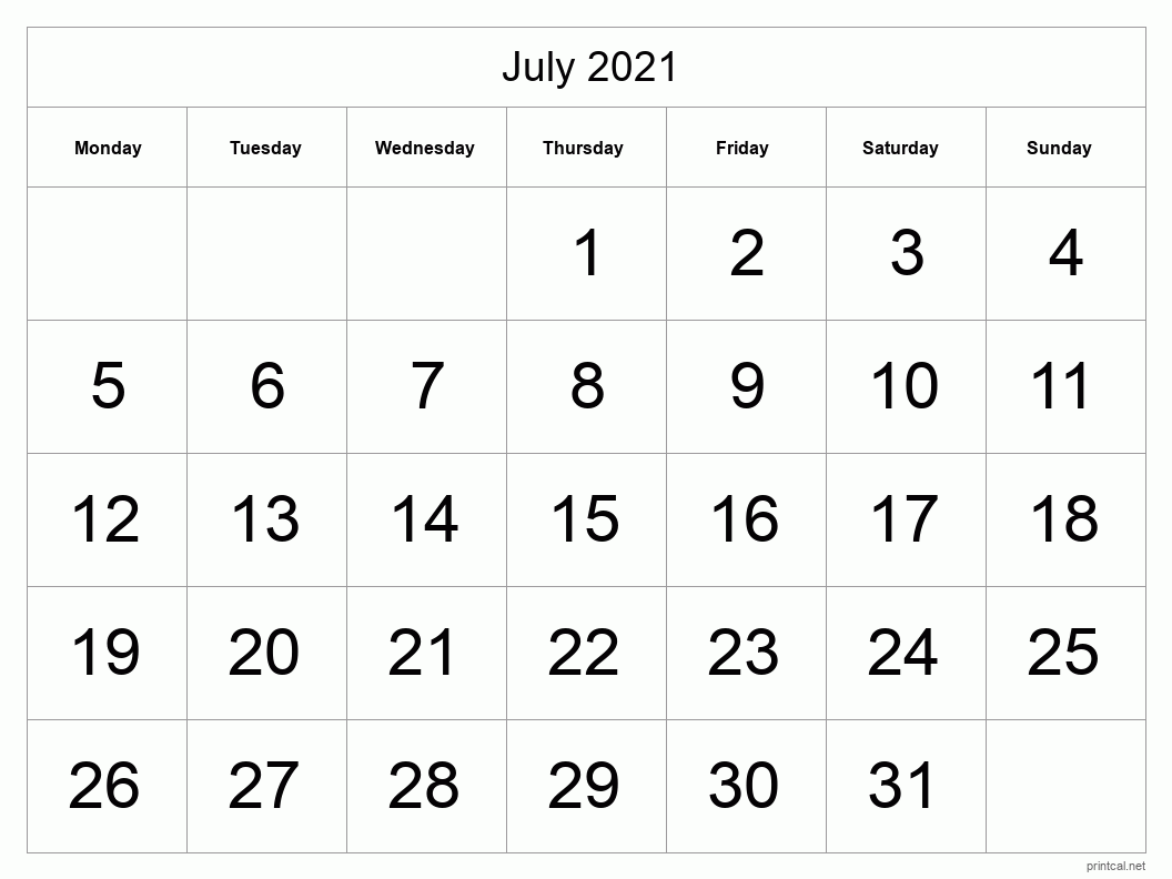 July 2021 Printable Calendar - Big Dates