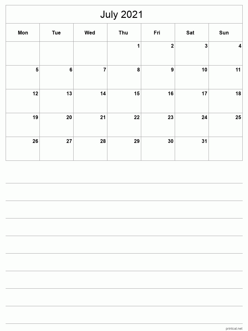 July 2021 Printable Calendar - Half-Page With Notesheet