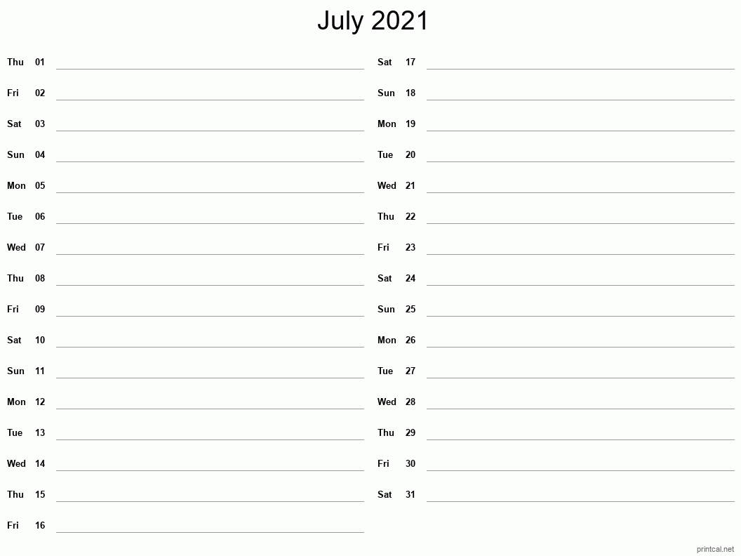 July 2021 Printable Calendar - Two Column Notesheet