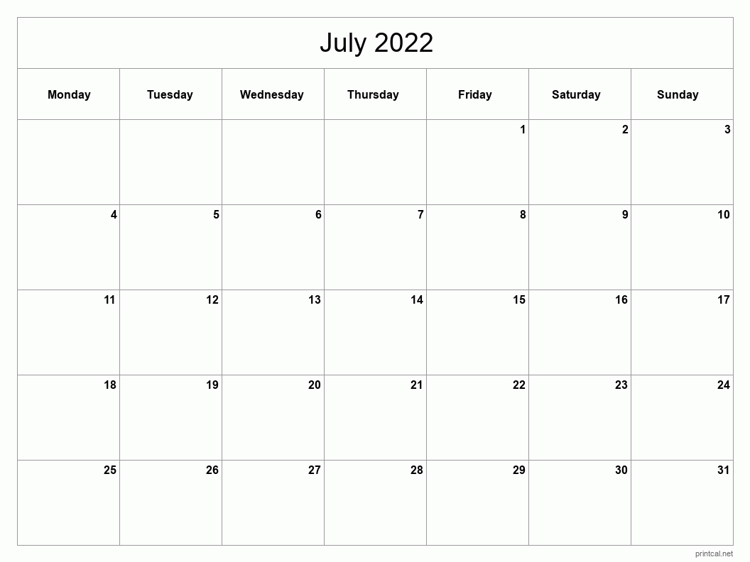 July 2022 Printable Calendar - Classic Blank Sheet