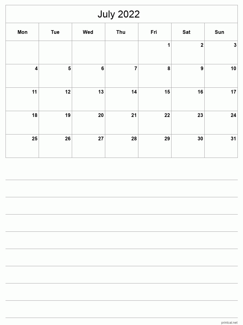 July 2022 Printable Calendar - Half-Page With Notesheet
