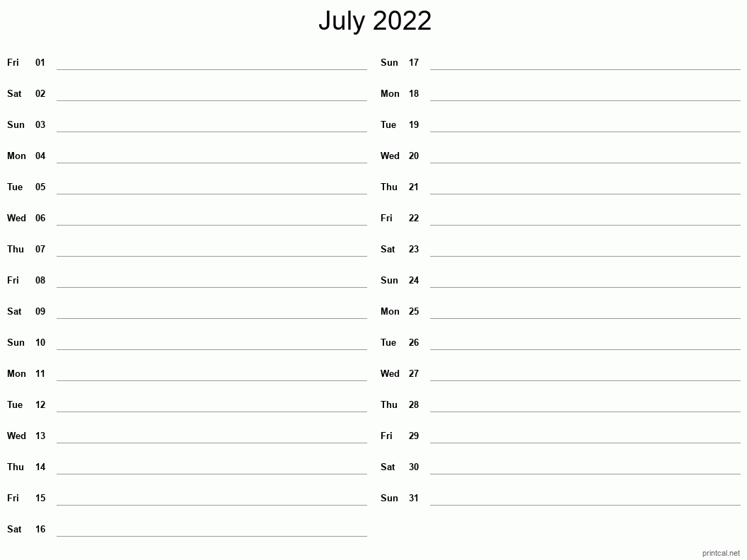 July 2022 Printable Calendar - Two Column Notesheet