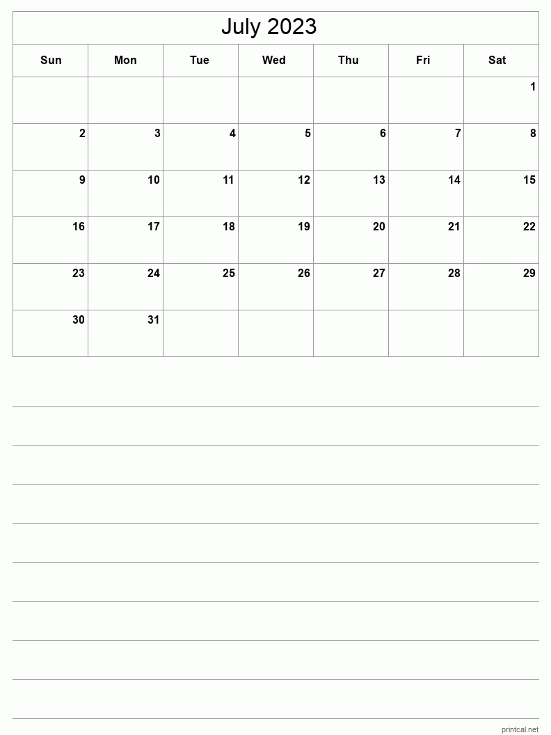 July 2023 Printable Calendar - Half-Page With Notesheet