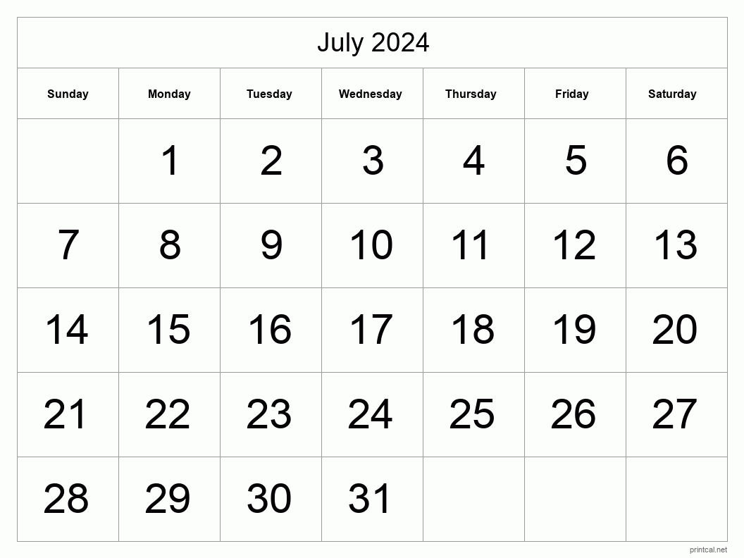 July 2024 Printable Calendar - Big Dates