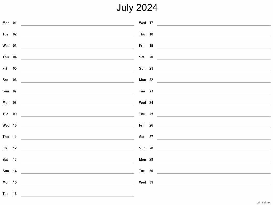 July 2024 Printable Calendar - Two Column Notesheet
