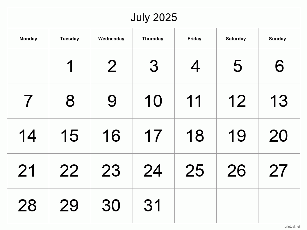 July 2025 Printable Calendar - Big Dates