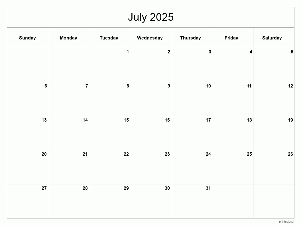 July 2025 Printable Calendar - Classic Blank Sheet