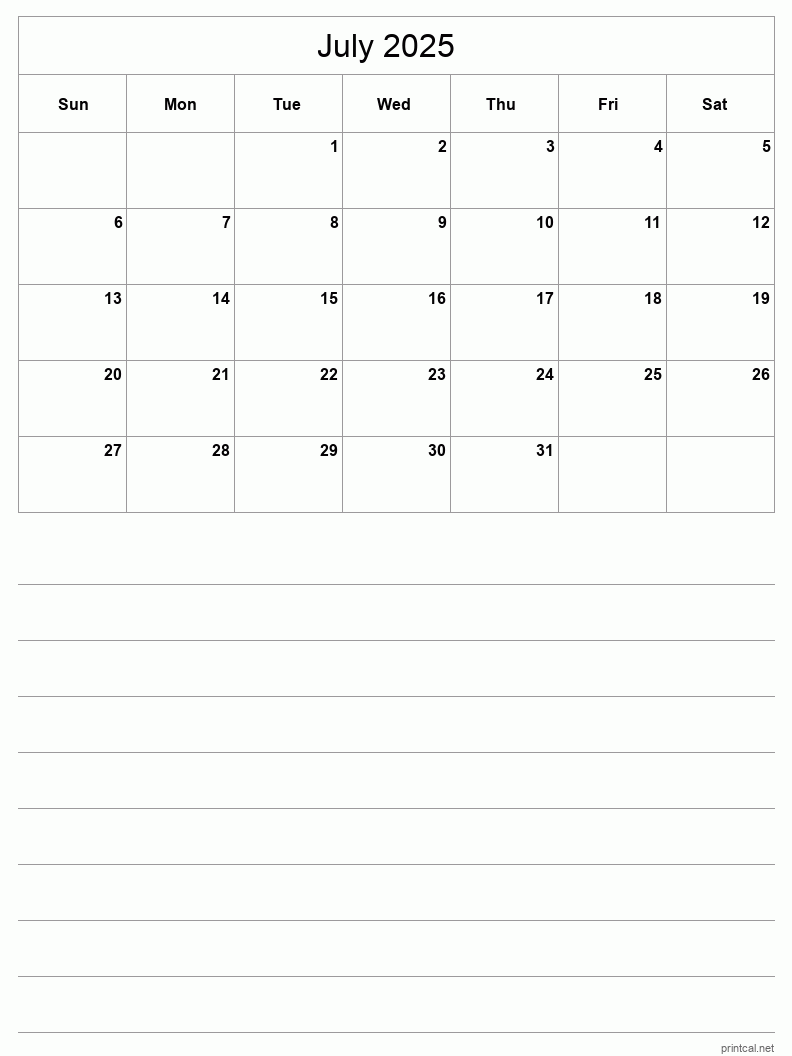 July 2025 Printable Calendar - Half-Page With Notesheet