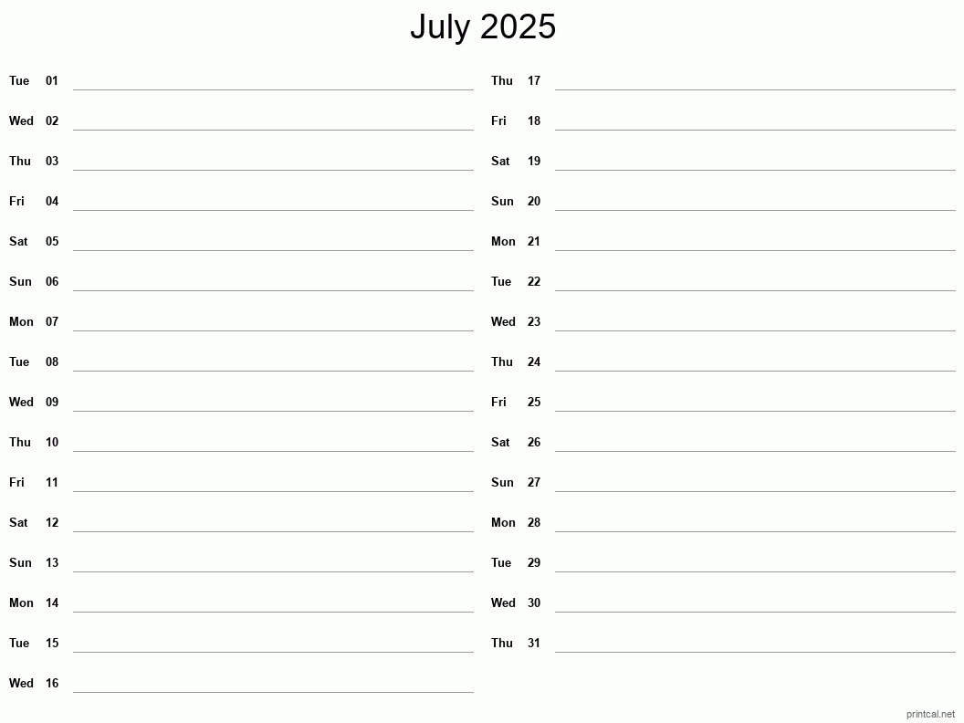 July 2025 Printable Calendar - Two Column Notesheet