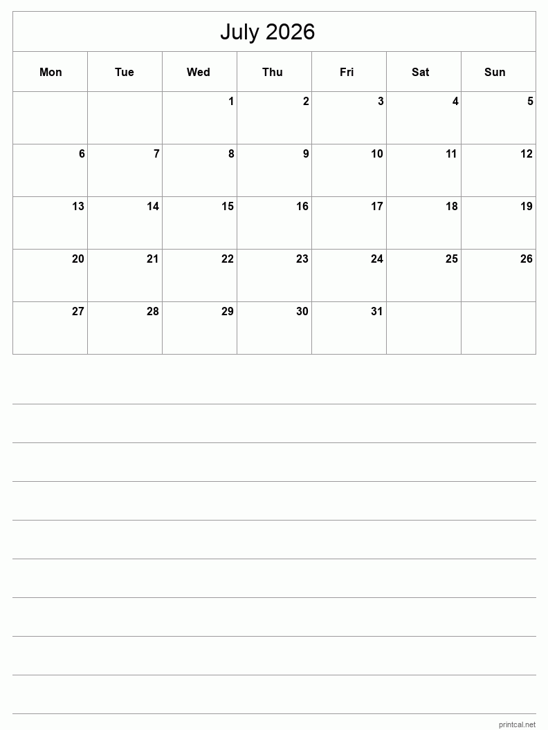 July 2026 Printable Calendar - Half-Page With Notesheet