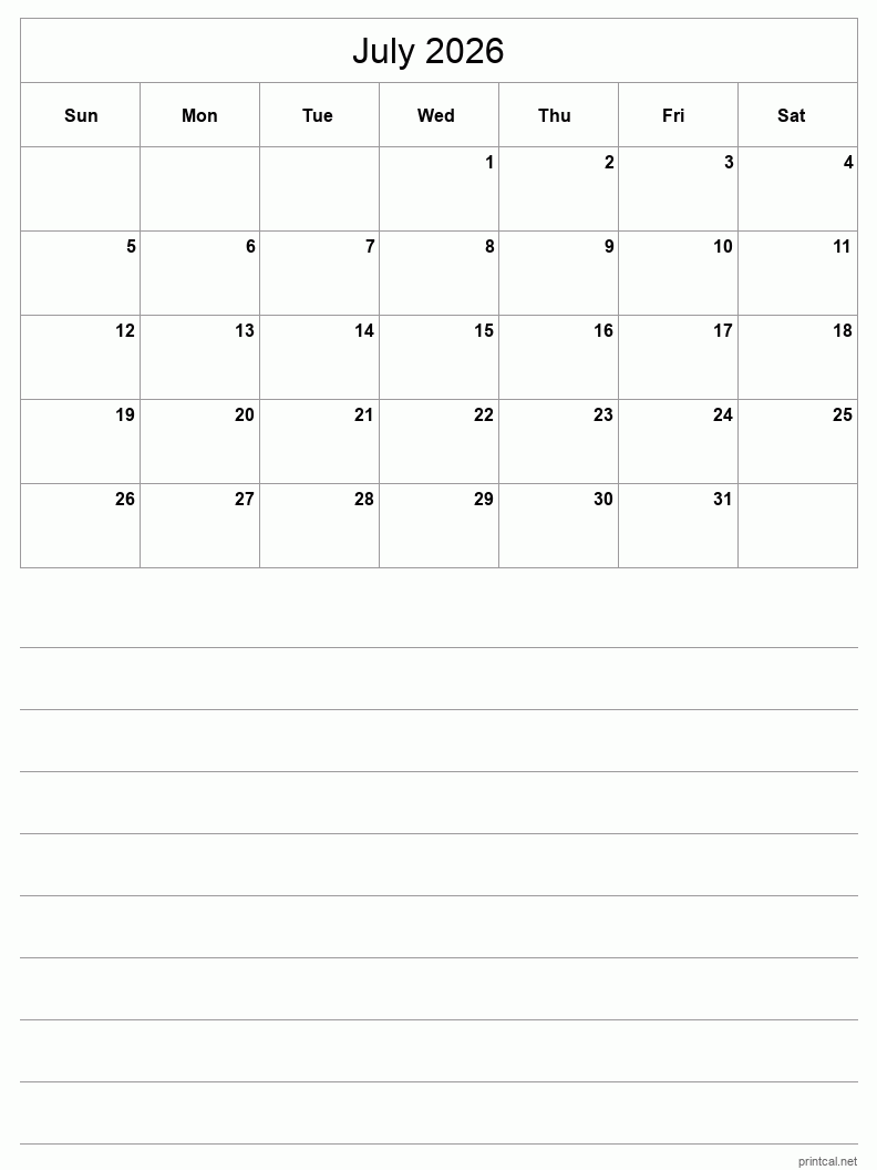 July 2026 Printable Calendar - Half-Page With Notesheet
