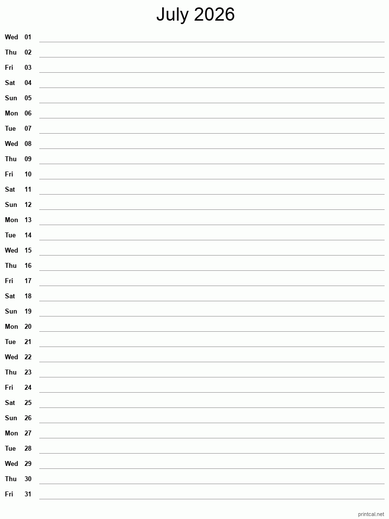 July 2026 Printable Calendar - Single Column Notesheet