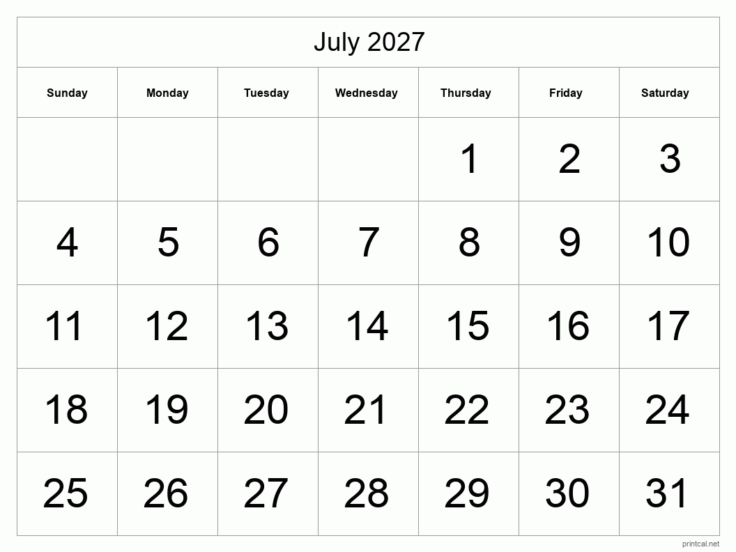 Printable July 2027 Calendar Free Printable Calendars