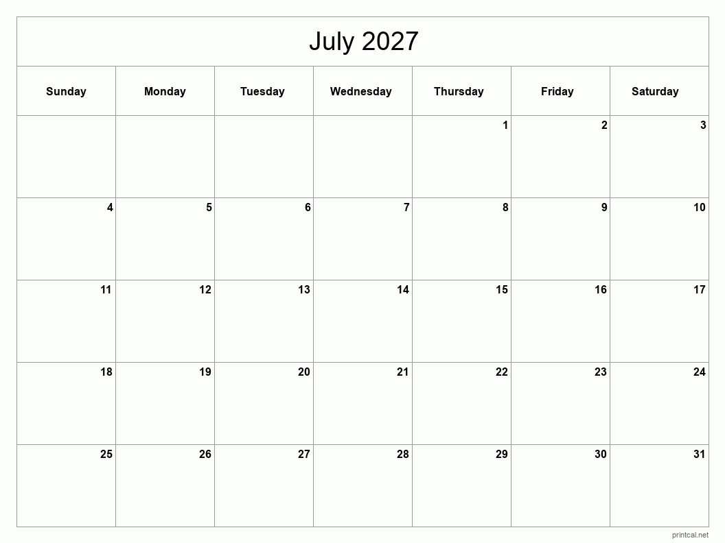 July 2027 Printable Calendar - Classic Blank Sheet
