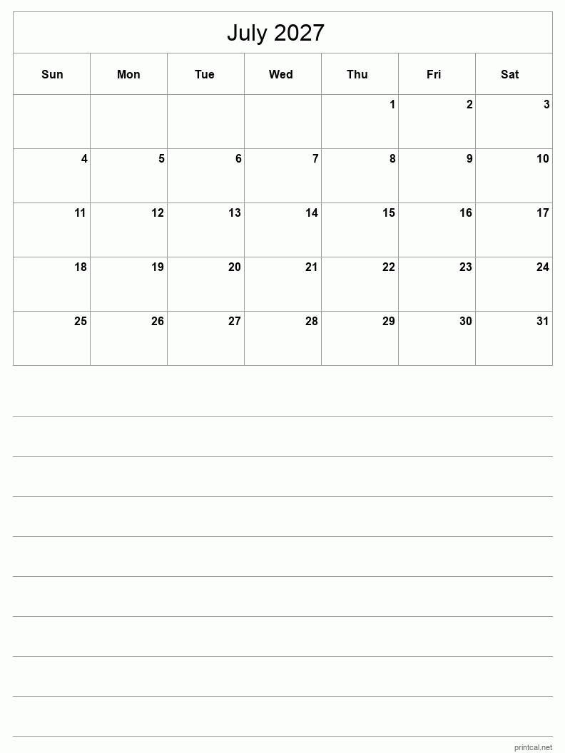 July 2027 Printable Calendar - Half-Page With Notesheet