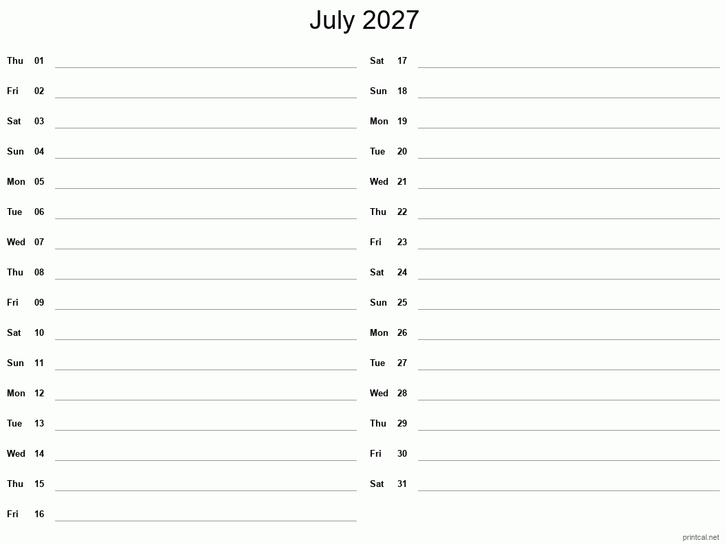 July 2027 Printable Calendar - Two Column Notesheet