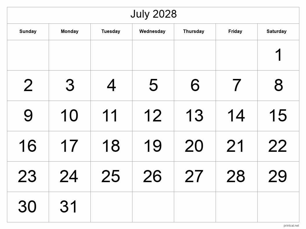 July 2028 Printable Calendar - Big Dates