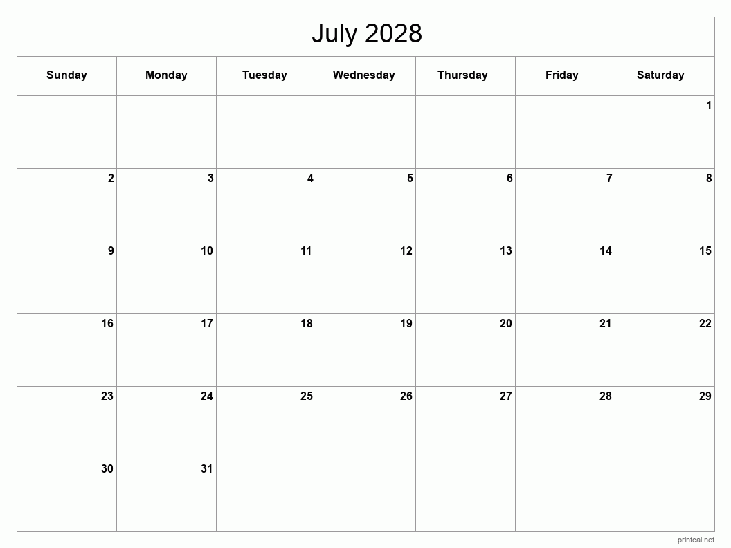 July 2028 Printable Calendar - Classic Blank Sheet