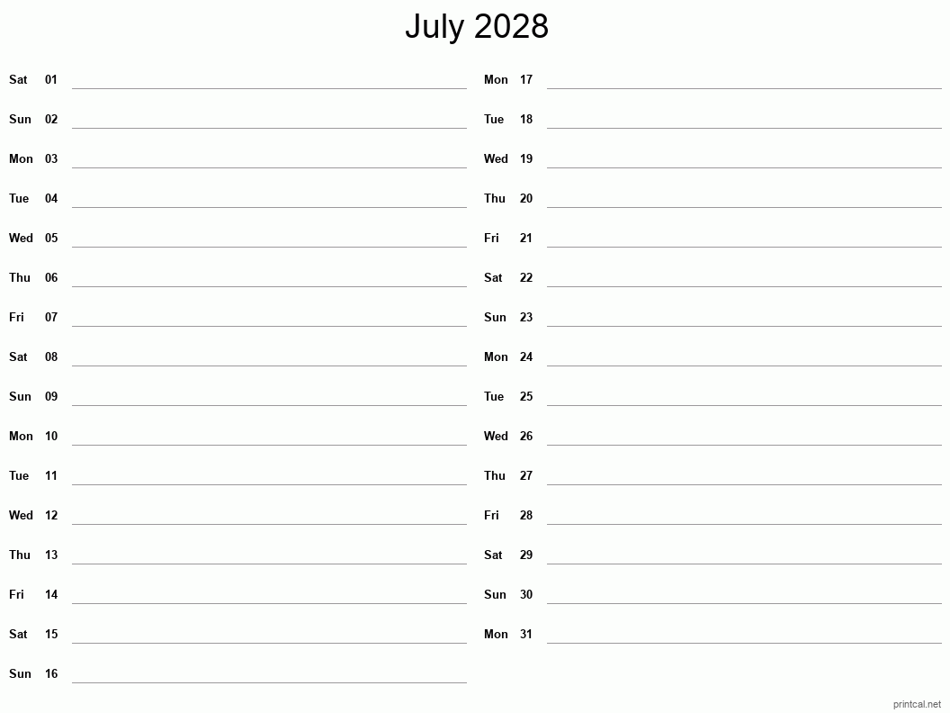 July 2028 Printable Calendar - Two Column Notesheet