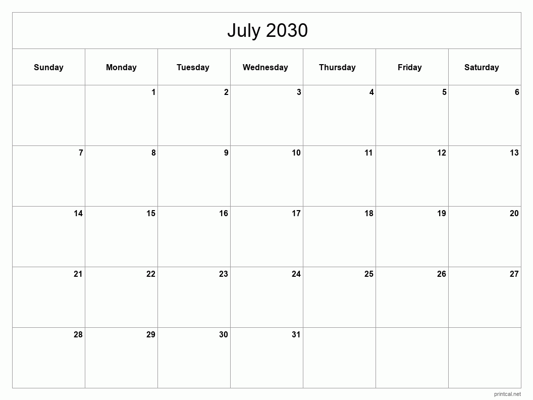 July 2030 Printable Calendar - Classic Blank Sheet
