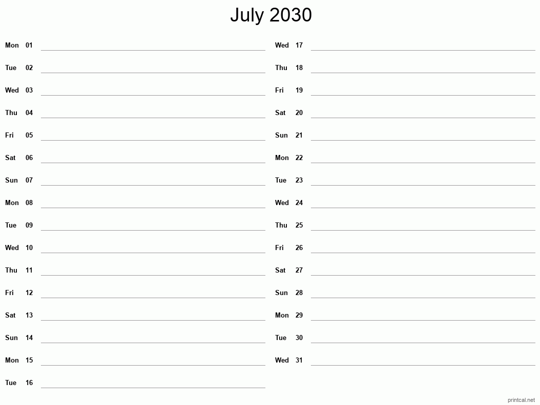 July 2030 Printable Calendar - Two Column Notesheet